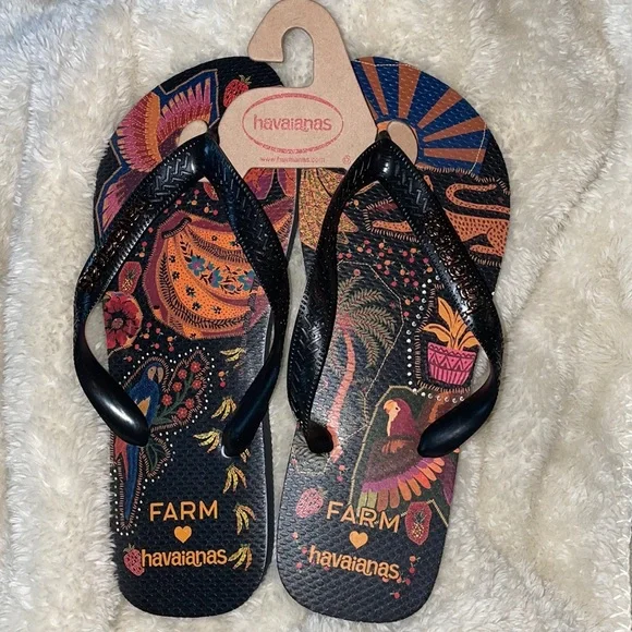 Farm Rio Havaianas Beleza Mix Boho Tropical Jungle Print Thong Flip Flop Sandals - Picture 3 of 9